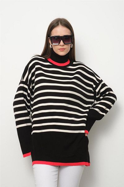 Moda Days Pulover de damă cu dungi negre cu gât roscat