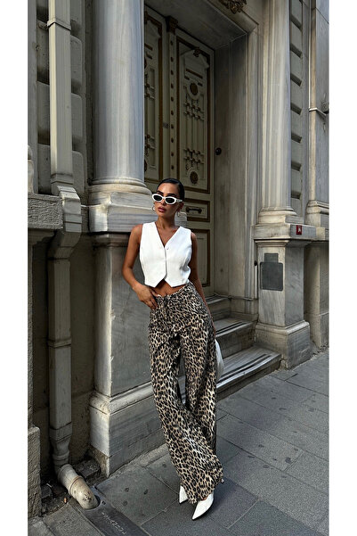 YOUR NAME Dámské džíny s vysokým pasem s leopardím vzorem Camel Wide Leg