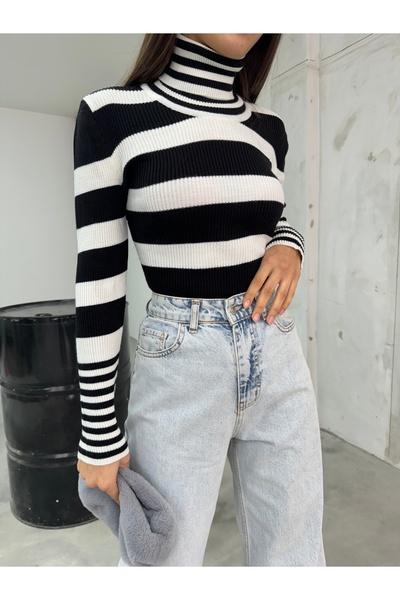 BİKELİFE Pulover de damă cu dungi negre din lycra cu textura moale tricotaje de bază