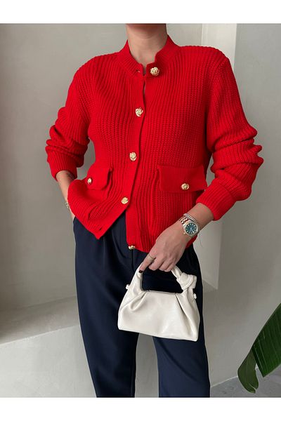 Laluvia Red Belle Rose Buttoned Cardigan-4522
