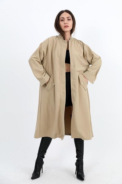 VAPUR TEKSTİL Ribbed Collar and Zippered Mink Trench Coat - Snap Sleeve