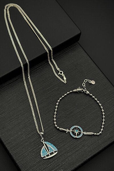 FRNCH 925 Ayar Gümüş Pusula ve Yelken Figürlü Turkuaz Zirkon Taşlı Erkek Bile...