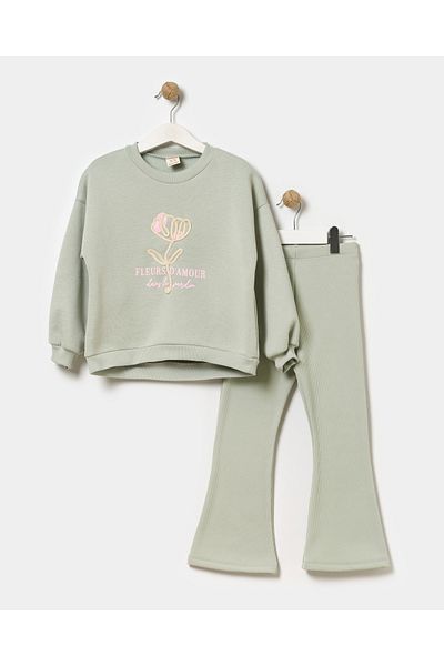 Minipodyum Girl's Cord Flower Embroidered Double Set