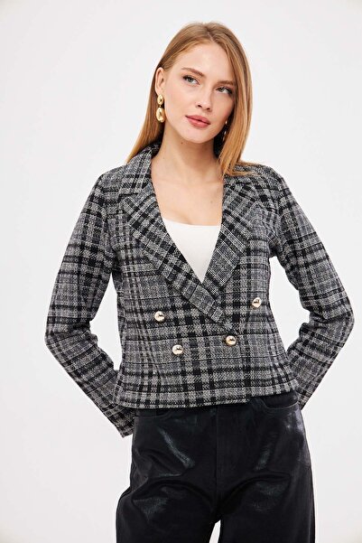 armonika Жіночий сіро-чорний круазевий комір твітовий кроп-жакет ARM-24K001014