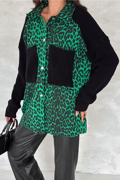 FEMELLE Cardigan supradimensionat cu imprimeu leopard verde pentru femei, cu mâneci și tricotaje de buzunar