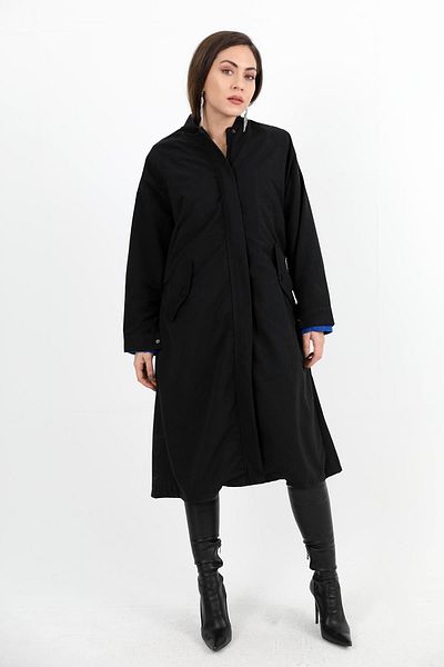 VAPUR TEKSTİL Black Trench Coat - Ribbed Collar, Snap Sleeve and Zipper