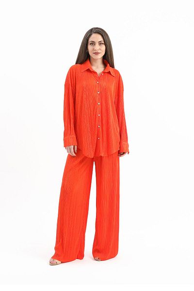 VAPUR TEKSTİL Orange Knitted Pleated Set - Button Detailed