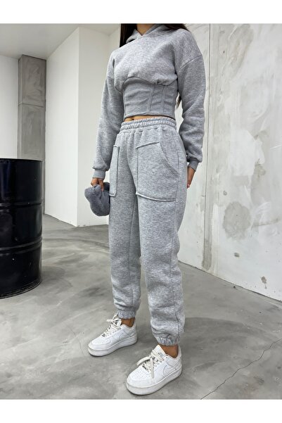 BİKELİFE Női szürke emelt háromszálas fűző részlet Crop Sweat tréningruha szett