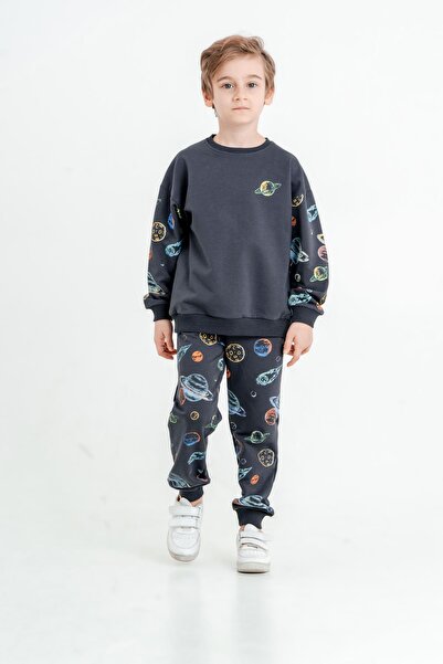 Mışıl Kids Gezegen Baskılı Bisiklet Yaka Alt Üst Çocuk Eşofman Takımı