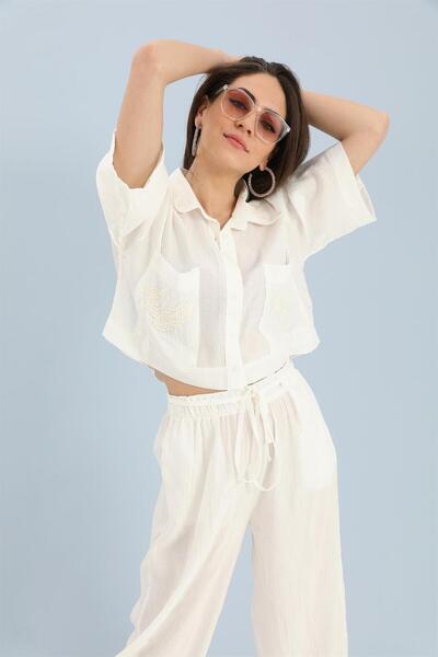 VAPUR TEKSTİL Viscose Shirt and Trousers Set - Embroidery Detailed, Ecru