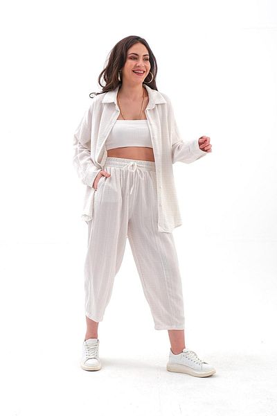 VAPUR TEKSTİL Linen Double Set - Crinkle Fabric, Ecru
