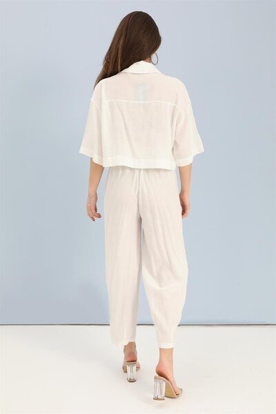 VAPUR TEKSTİL Viscose Shirt and Trousers Set - Embroidery Detailed, Ecru