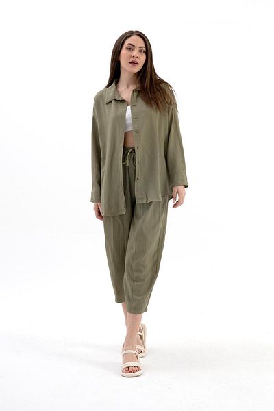 VAPUR TEKSTİL Khaki Linen Double Set - Crinkle Fabric