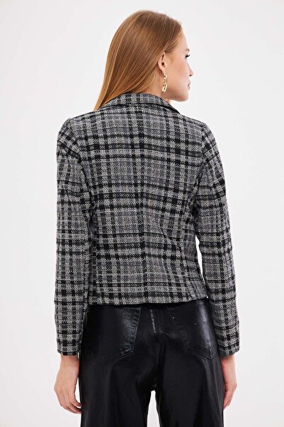 armonika Women's Grey-Black Double Breasted Collar Tweed Crop Jacket Arm-24K 001014
