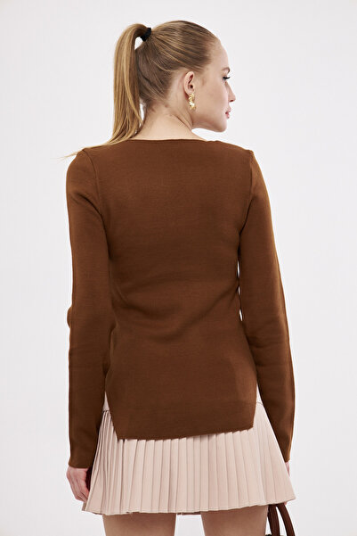 armonika Women's Brown Square Neck Knitwear Blouse Arm-25K 012013