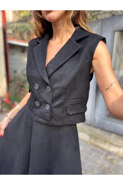 Maldia Shop Women's Suede Fabric Black Crop Vest 3406