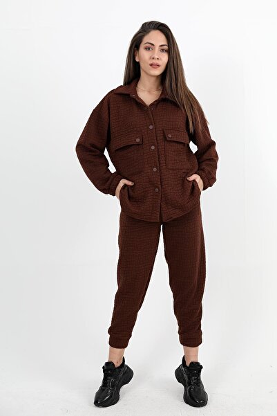 VAPUR TEKSTİL Brown Jacquard Quilted Double Set