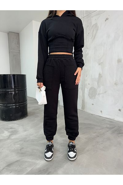 BİKELİFE Női fekete rózsa arany három szálú fűző részletes Crop Sweat tréningruha szett