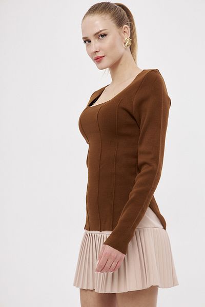 armonika Women's Brown Square Neck Knitwear Blouse Arm-25K 012013