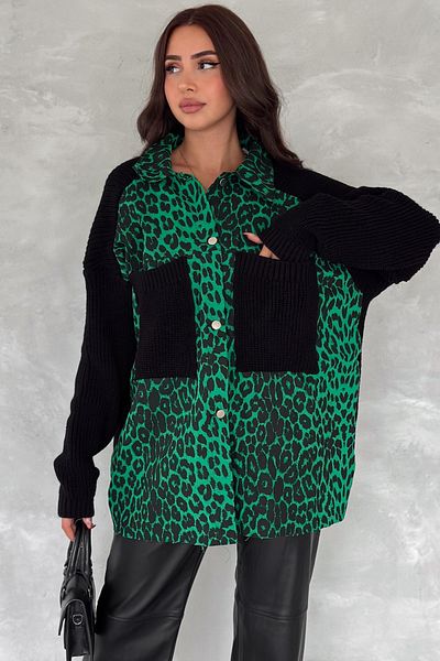 FEMELLE Cardigan supradimensionat cu imprimeu leopard verde pentru femei, cu mâneci și tricotaje de buzunar