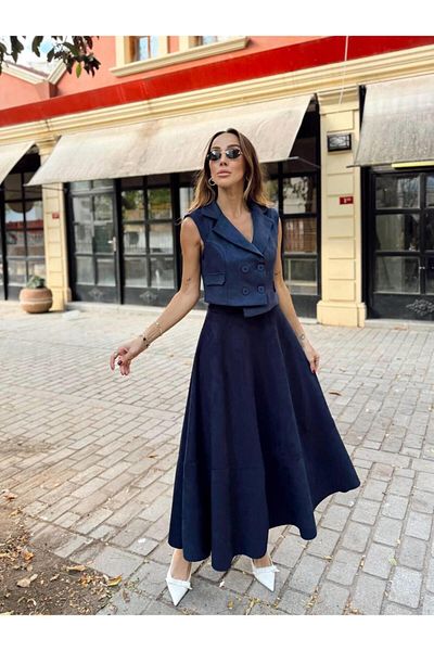 Maldia Shop تنورة نسائية بسحاب من جلد الغزال باللون الأزرق الداكن - 3604