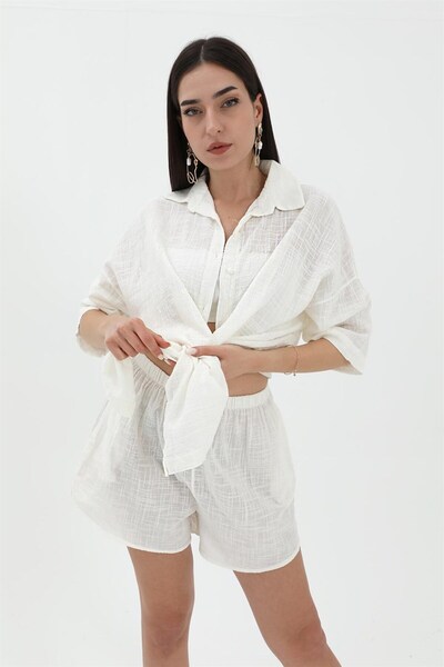 VAPUR TEKSTİL Cotton Linen Shorts Shirt Women's Double Suit - Ecru