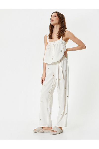 Koton Linen Blended Floral Embroidered Pajama Bottoms