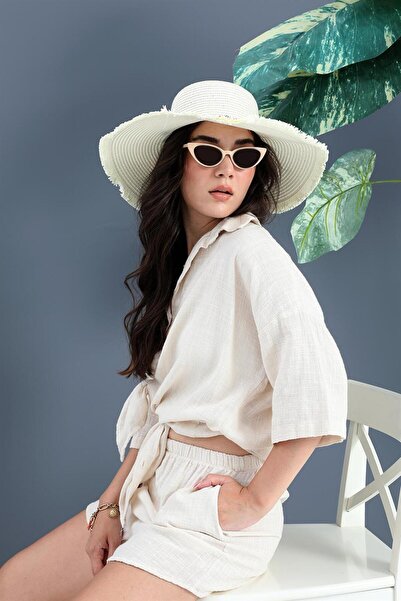 Genel Markalar PNCH Pamuk Keten Şort Gömlek Kadın İkili Takım - Taş