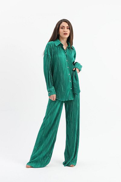 VAPUR TEKSTİL Green Knitted Pleated Set - Button Detailed