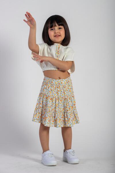 zepkids Girl's Yellow Colored Elastic Waist Double Sleeve and Skirt Set