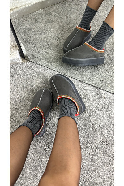 MYVOLANTE Γυναικείες γκρι γούνινες παντόφλες σουέτ με επίπεδη σόλα