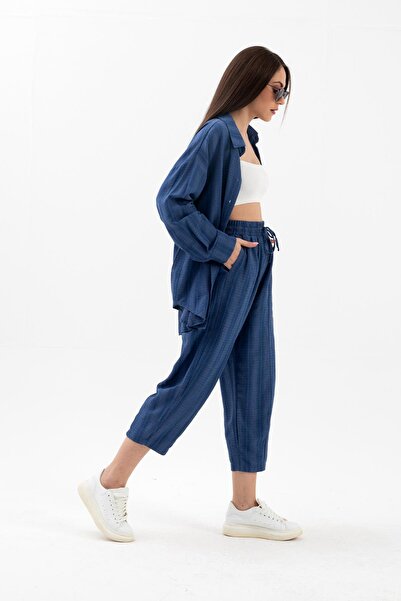 VAPUR TEKSTİL Indigo Linen Double Set - Crinkle Fabric