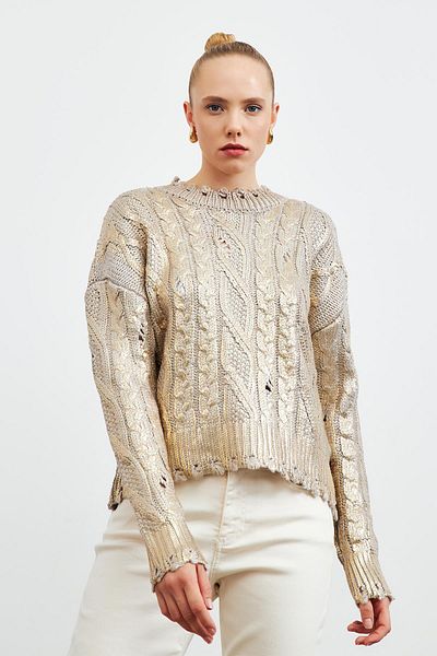 YOUR NAME Knitted Patterned Gold Detailed Women's Sweater