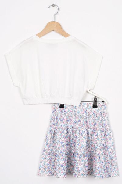 zepkids Costum cu fustă albastră pentru fete - cu talie elastică și mâneci duble