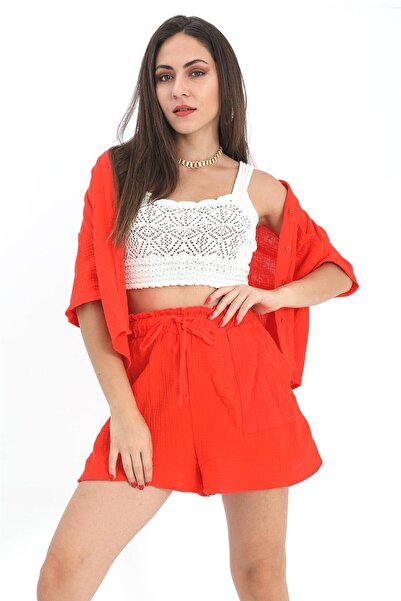 VAPUR TEKSTİL Orange Muslin Set Shirt and Shorts Set