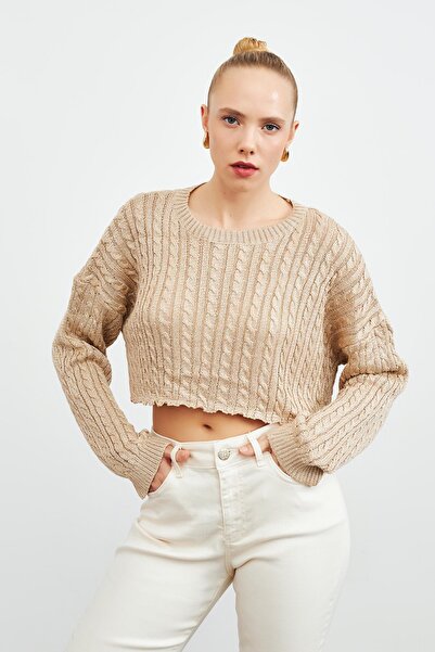 YOUR NAME Pulover de damă, bej, cu gât de bicicletă, împletit cu sclipici