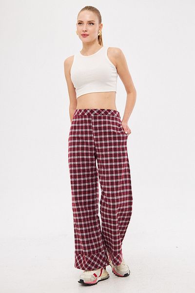 armonika Claret Red-White Detailed Palazzo Women's Trousers with Pockets - Arm-25K 001018