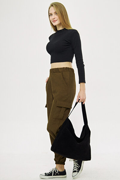 armonika Women's Dark Khaki Velvet Thin Corduroy Cargo Pants with Elastic Waist and Legs Arm-25K 001035