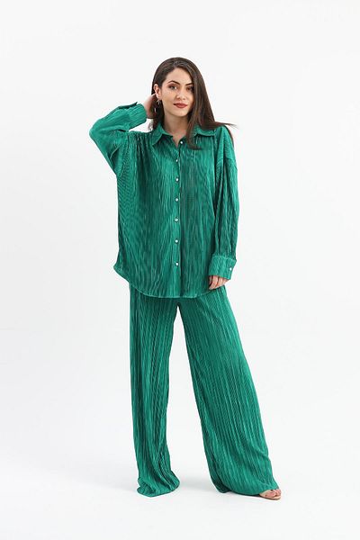 VAPUR TEKSTİL Green Knitted Pleated Set - Button Detailed