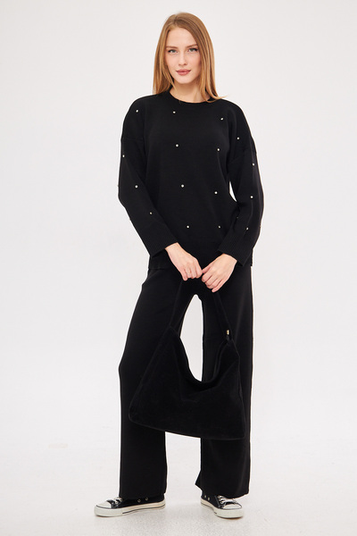 armonika Women's Black Zero Collar Stone Detailed Knitwear Double Suit Arm-25K 012008