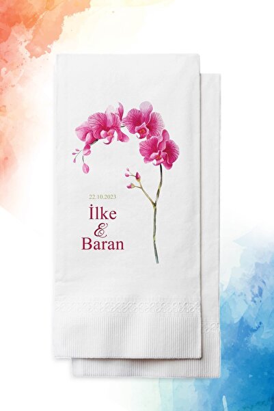 nna tasarım 50 Adet Orkide Figürlü Kişiye Özel Isim Baskılı Düğün Peçetesi (P...