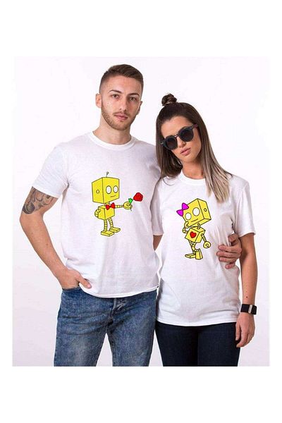 Tshirthane Romantic Robot Pattern T-Shirt - Couple Combination Lover Combinations