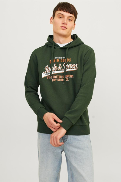Jack & Jones Erkek Sweatshirt Koyu Haki 12255617 S Jjelogo Sweat Hood 2 Col 24/25