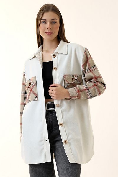 Union and Joy Women's Ecru Brown Plaid Oversize Lumberjack Shirt