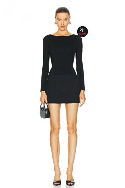 Zagrep Дамски черен еластичен двуслоен боди от копринен джърси с кръстосани връзки и гол гръб