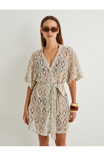 Koton Şahika Ercümen Krochet Kimono - Μήκος στον αγκώνα, κοντό μανίκι και ζώνη
