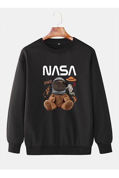 Moda Glo Nasa Teddy Bear Printed Unisex Oversize Μαύρο Φούτερ - Αρκούδα