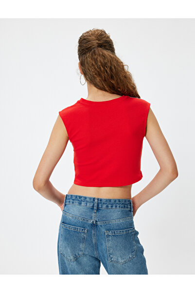 Koton Crop Üst V Yaka Slogan Baskılı Kolsuz Slim Fit