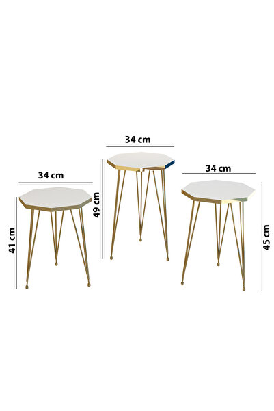 Modalanka 3'lü Zigon Sehpa Gold Serisi Sekizgen Model Zigon Sehpa Metal Tel Ayak