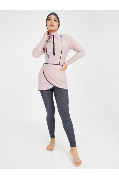 Styli Pack of 3 - Solid Zip Up Contrast Edge Wrap Burkini, Leggings & Cap